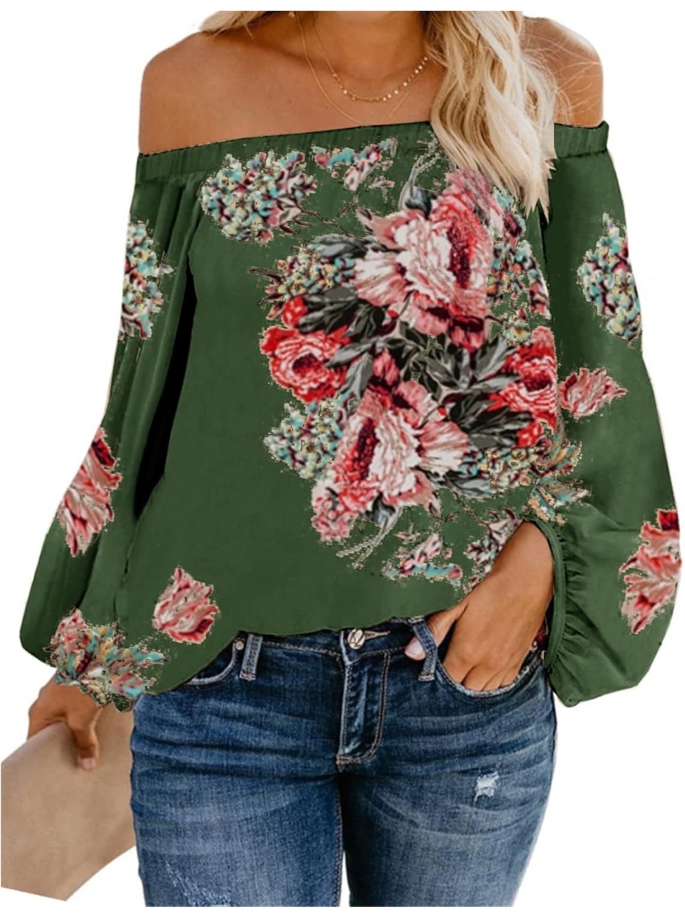 Off-Shoulder Green Floral Blouse - Women Tops